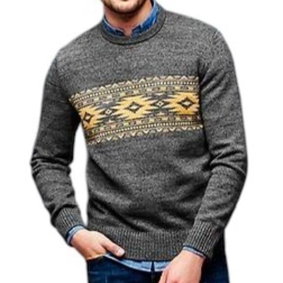 Gap Fair Isle Stripe Sweater Mens L Gray Gold Crew Aztec Navajo Tribal Print - Picture 1 of 9